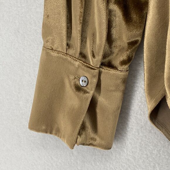 VINCE Top Womens XS Shiny Silk Velvet Shirt Button Front Long Sleeve Gold - Picture 8 of 13
